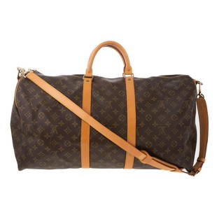 A Louis Vuitton Monogram Keepall Bandouliere 55: A brown and tan Monogram coated canvas Louis Vuitton Keepall Bandouliere 55 with golden brass hardware, rolled top handles and Vachetta leather trim. Canvas lining with zipper closure at top. Includes