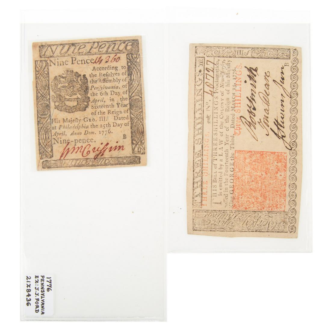 Two Colonial Currency from John Ford Collection: Pennsylvania, April 25 1776 9 Pence PA-200 ex John Ford, Choice AU EPQ – strong signature and well balanced margin on a Plate B note. SN 14360. NJ March 25, 1776 3 shillings NJ-177 Ex John Ford