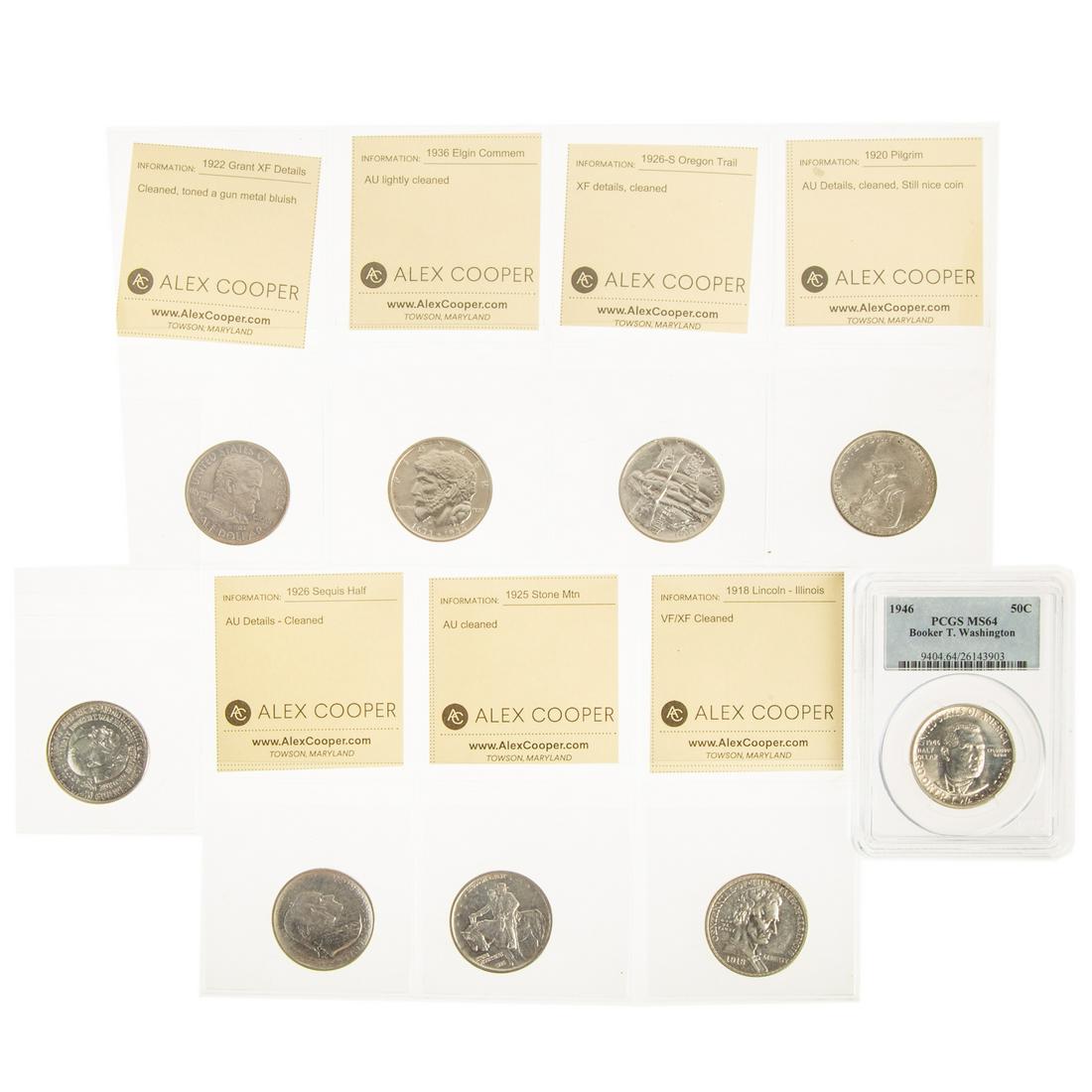 Nine Various Classic Commemoratives: 1918 Lincoln - Illinois VF/XF Cleaned), 1920 Pilgrim AU details, cleaned, 1922 Grant (No Star) XF details cleaned, toned gun metal blue; 1925 Stone Mountain AU cleaned, 1926 Sesquicentennial AU Detail