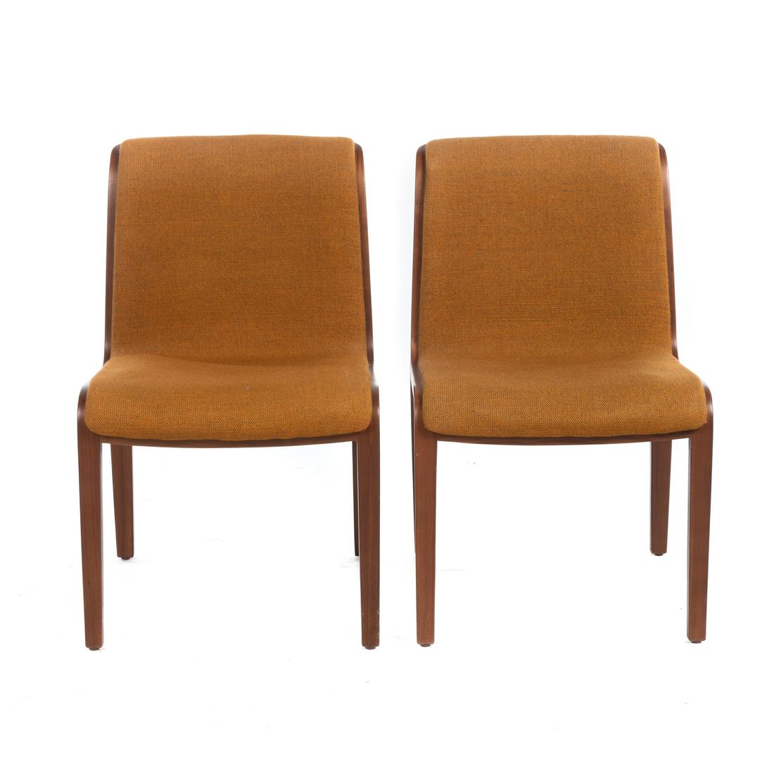 A Pair of Knoll International Mid- Century Side Chairs: Mid-century; designed by Bill Stephens for Knoll International, a pair of teak bentwood side chairs. marked "Knoll International" on underside, 32 in. H., 20 in. W., 25 in. D.