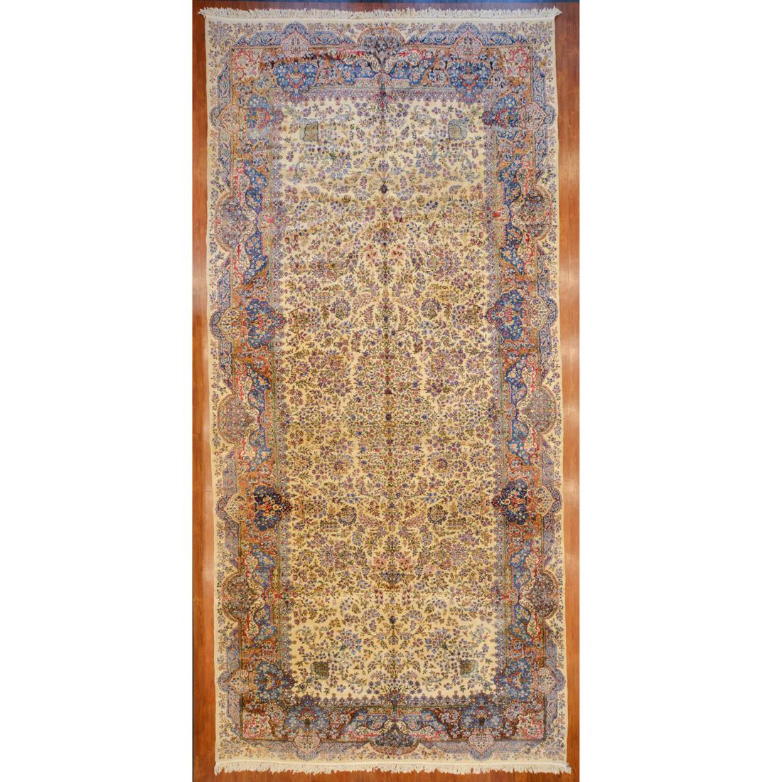 Semi-Ant. Kerman Carpet, Persia, 9.8 x 20.1: Second quarter-20th century; hand-knotted, wool pile.