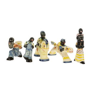 Five Shearwater Pottery Figures: African American folk glazed pottery figures, include; jockey on horse, Art Deco woman riding horse, mother carrying child piggyback, bearded man with pot candleholder, and happy dancing man, tallest,