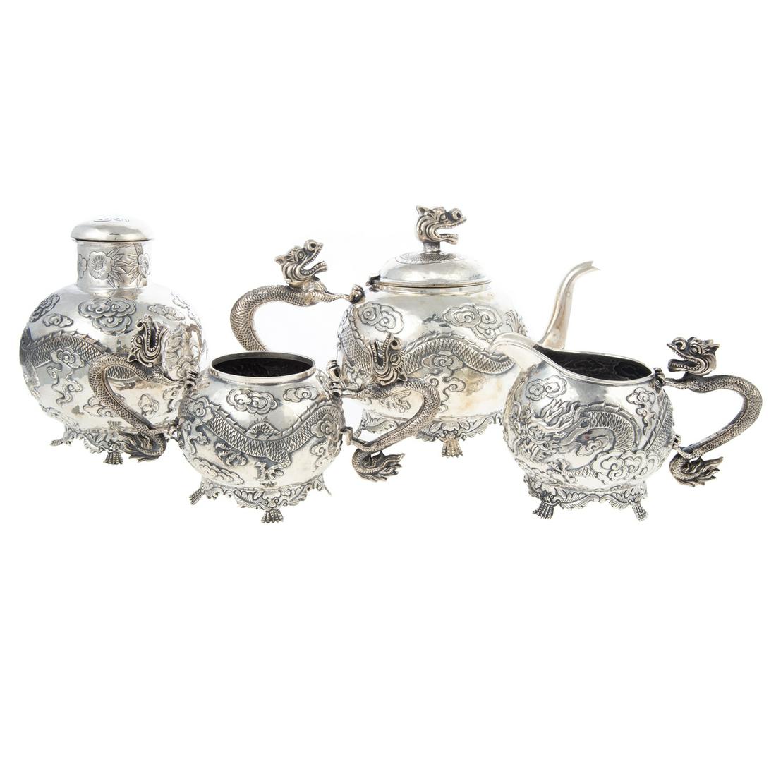 Chinese Export Silver Repousse Dragon Tea Set (1 of 6)