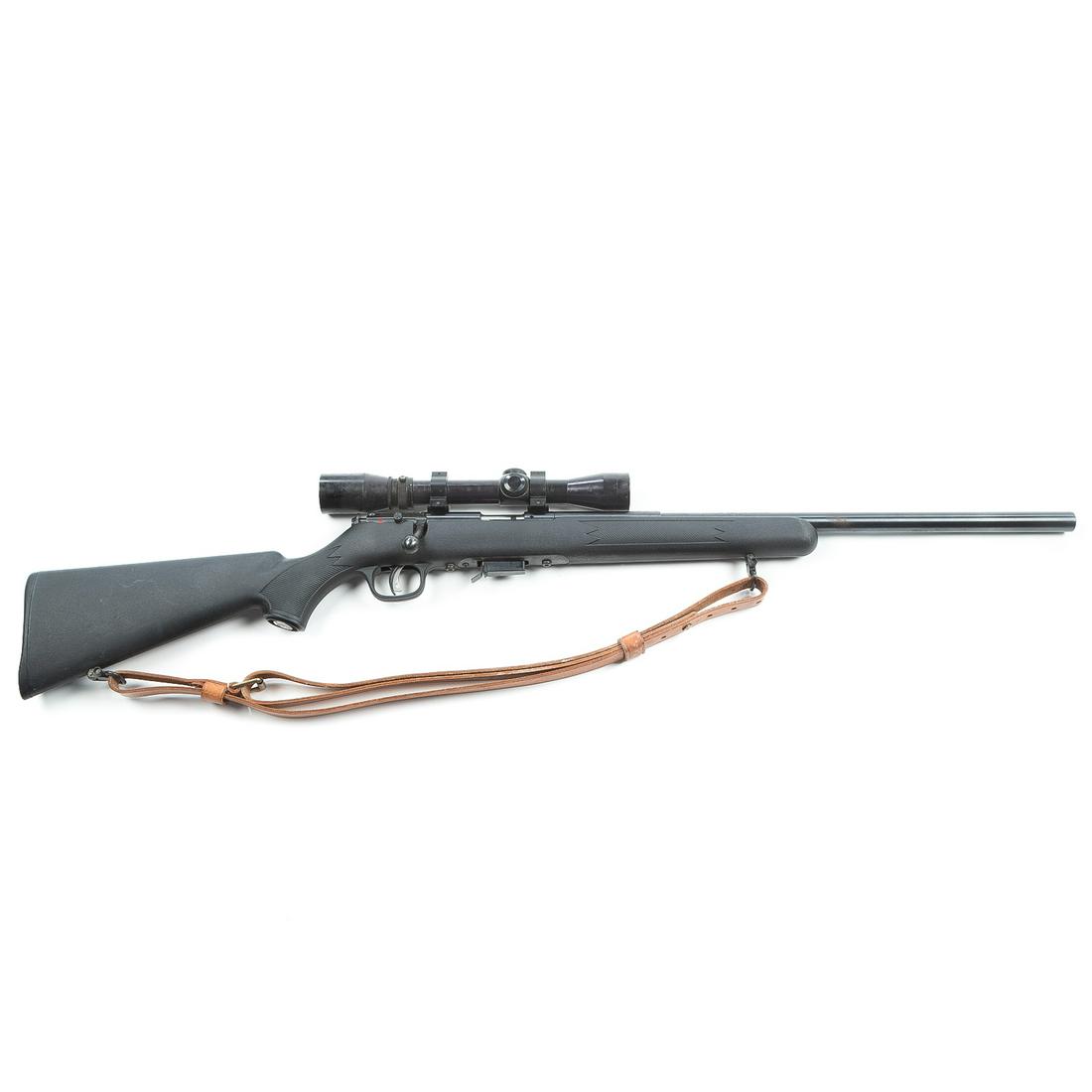Savage Model 93R17 Bolt Action Rifle: Synthetic stock, Burris 2X-7X scope, leather sling, 1 mag., accu-trigger, 21” bull barrel, serial# 0948636, 17H.M.R. cal. This item required NICS background check