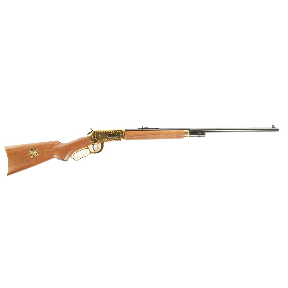 Winchester Model '94 Level Action Rifle: Lone Star commemorative, 1845-1970, brass metalware, has saddle ring, medallion inset in butt stock, serial #L539026, with original Styrofoam box and paperwork. This item requires a NICS background ch