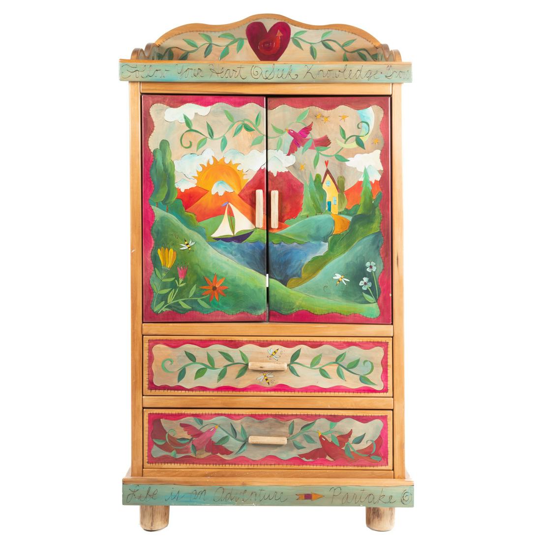 Sticks Furniture Painted Cupboard: Circa 1993; made by Sticks Furniture Company, Des Monies, Iowa, single piece cabinet with shaped gallery with heart and vine leaf carved and painted decorations, a pair of cabinet doors open and slide