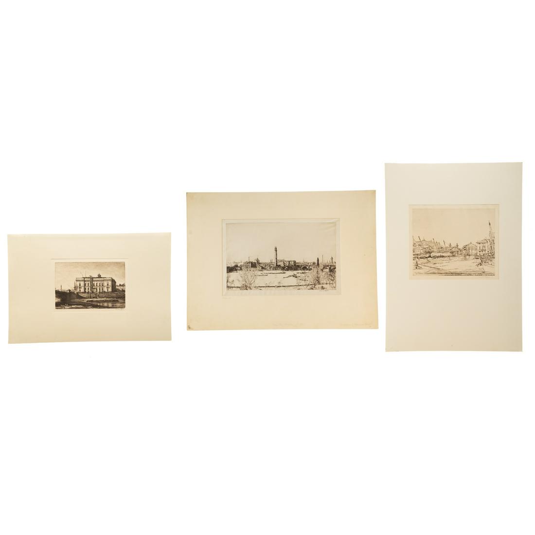 David Muirhead Bone. Three Unframed Etchings: (British, 1876-1953). 1) "From the Adelphi, London," pencil signed "Muirhead Bone" lr, sheet size: 9 1/2 x 14 1/2 in., 2) "The Old Court House, Glasgow," pencil signed "Muirhead Bone" lr, sheet size: