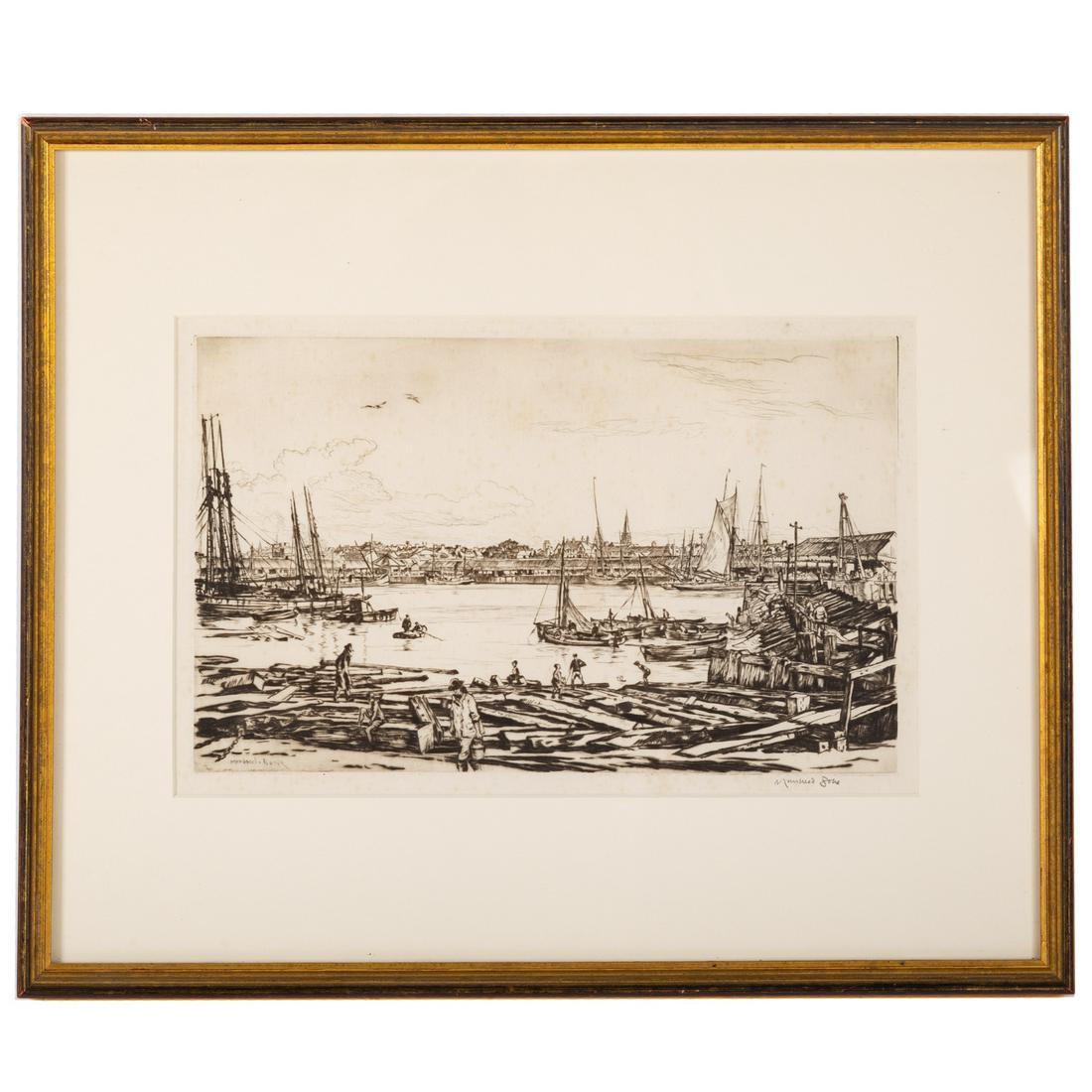 David Muirhead Bone. "Autumn Evening, Lowestoft," etching: (British, 1876-1953). Etching, pencil signed "Muirhead Bone" lr, sight size: 8 1/2 x 13 1/2 in., framed.