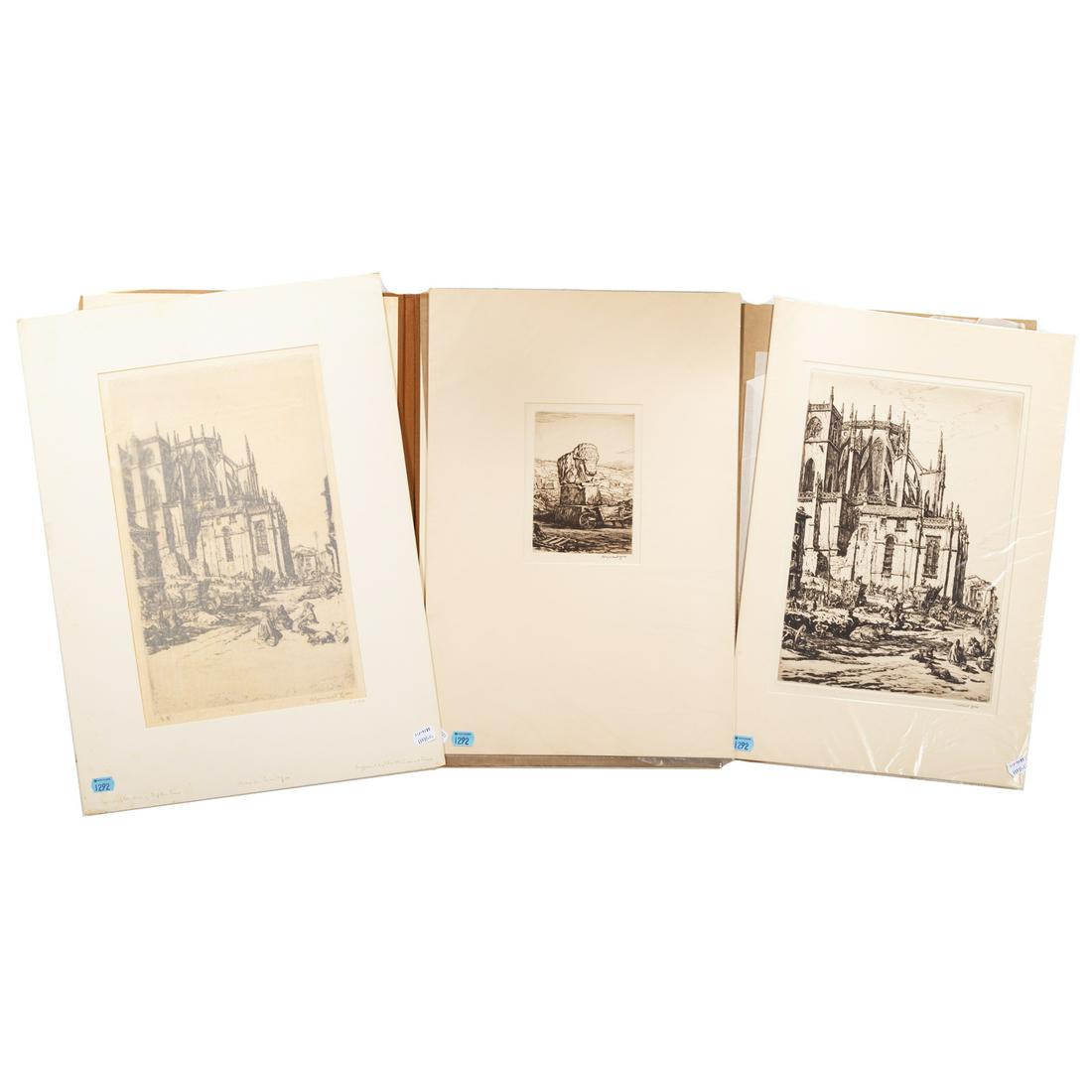 David Muirhead Bone. Three Unframed Etchings: (British, 1876-1953). 1) "The Apse, Leon Cathedral," pencil signed "Muirhead Bone" lr, sight size: 14 3/4 x 10 1/4 in., 2) "Roman Bull Excavated at Merida," pencil signed "Muirhead Bone" lr, sight siz