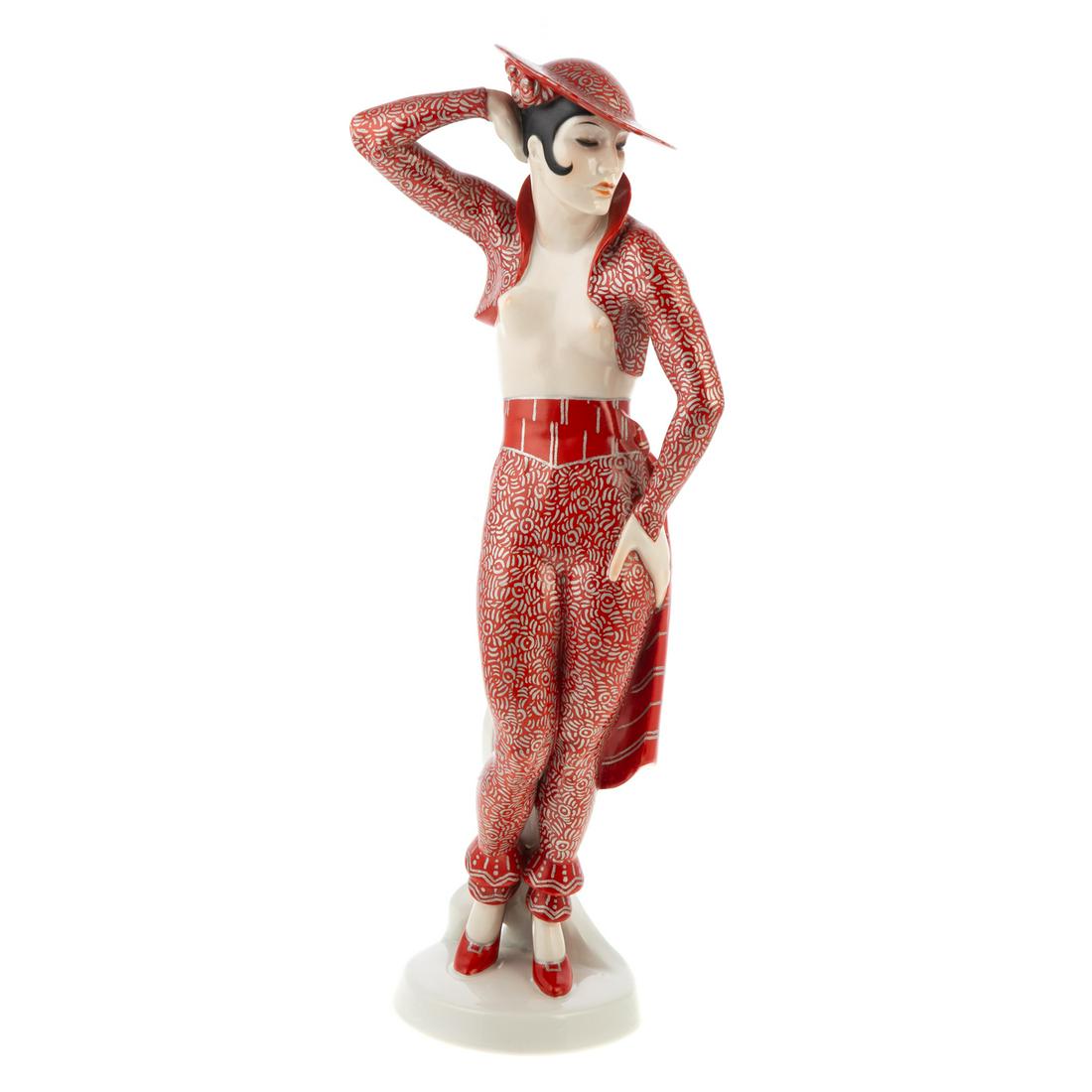 Rosenthal Porcelain Figure Red Carmen: Designed 1935, introduced 1949; exotic semi nude female dancer, by Wolfgang Schwartzkopff(1886-1943), impressed signature and 425 underneath, 16 in. H.