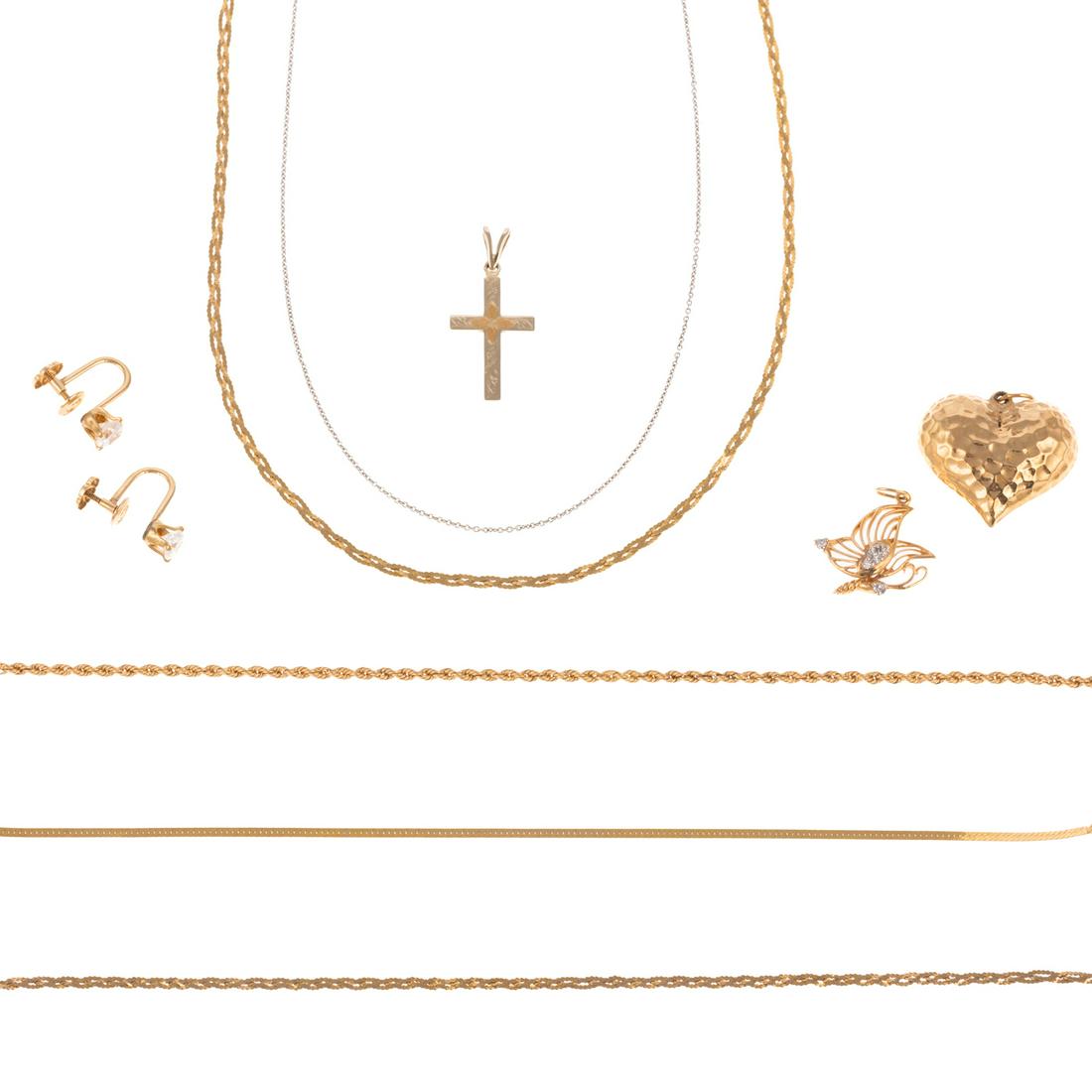 A Large Collection of Gold Jewelry: 1) Three 14K yellow gold link bracelets, 7 in. L, 2) 14K yellow gold woven link necklace, 16 in. L, 3) Three 14K pendants including puffy heart, butterfly with diamonds, engraved cross, 4) 14K imitati