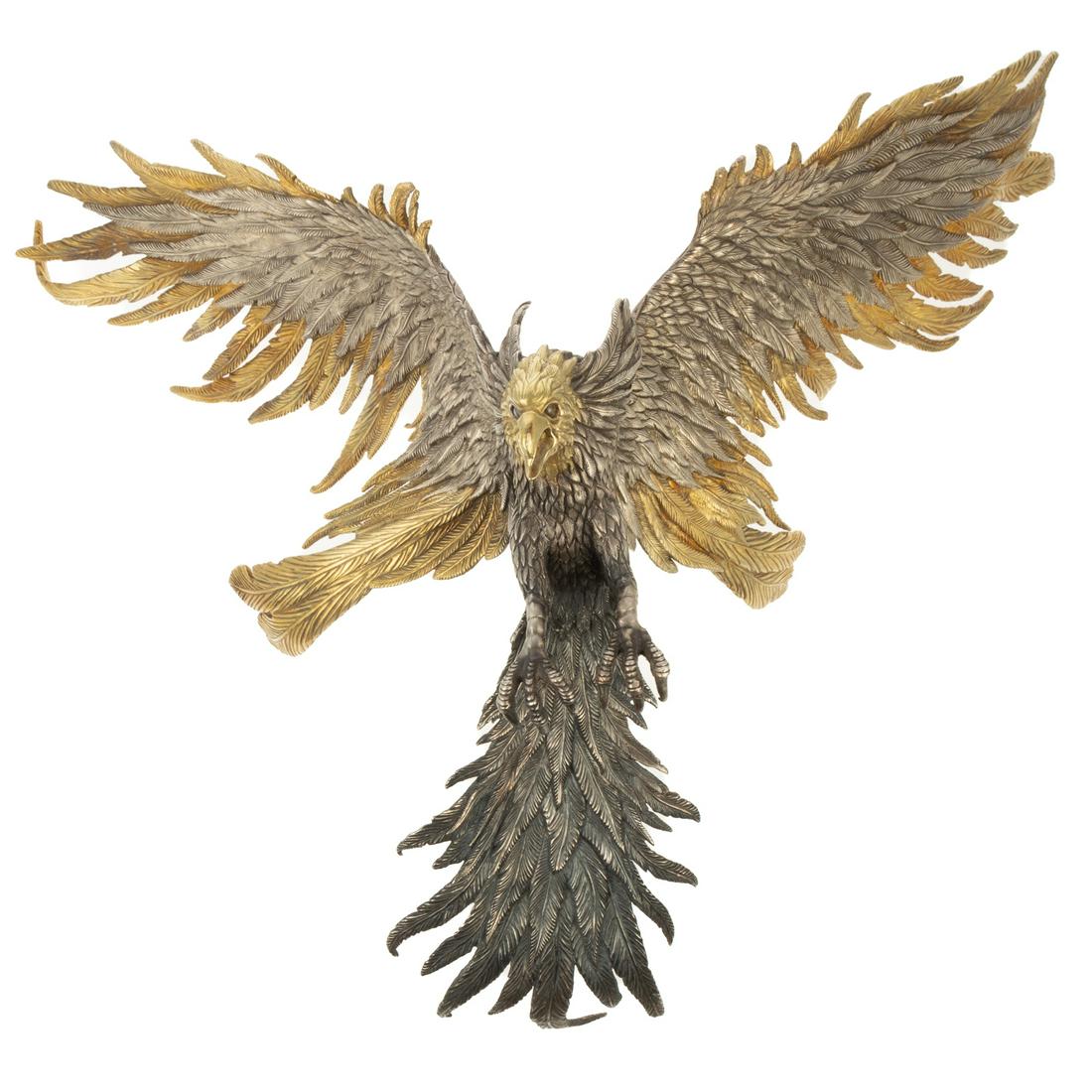Japanese Sterling Figure of a Phoenix: 20th century, with silver-gilt wings; figure is 18 in. H, 18 in. W, 108.25 ozt.