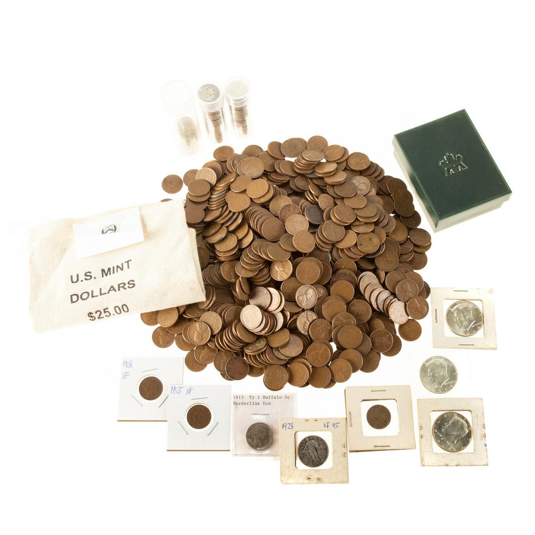 Family Collection: Includes Silver, Wheats & Type: 99 Silver Roosevelt Dimes, 3-BU 1964 Halves, 1913 Ty 1 Buffalo AU, 1862 Indian Cent G/VG, Mint bag of 25 1999 BU Susan B Anthony Dollars, Partial roll of 24 Indian Cents (1886-1909 plit between Pre an