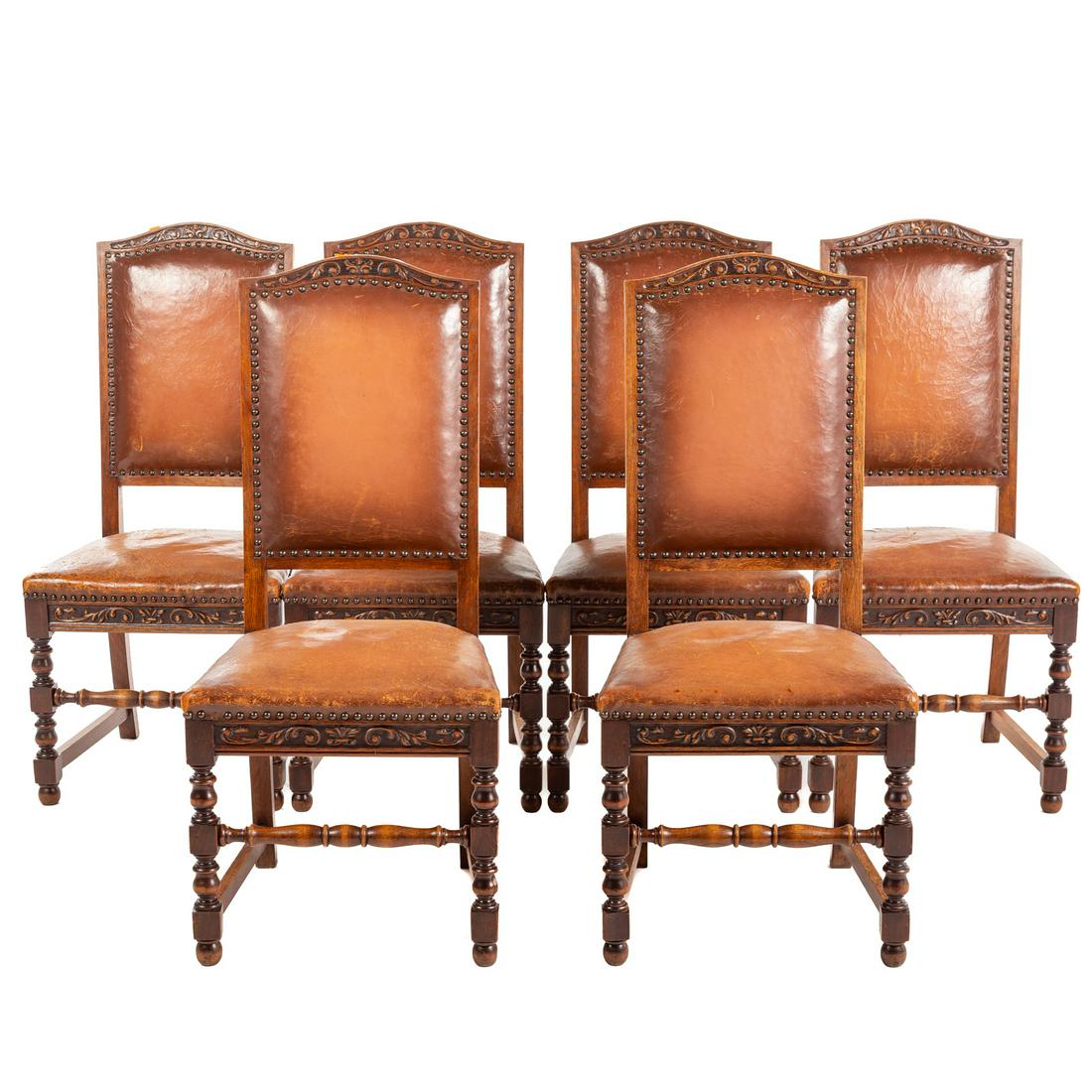 Six Jacobean Revival Leather & Oak Dining Chairs (1 of 9)