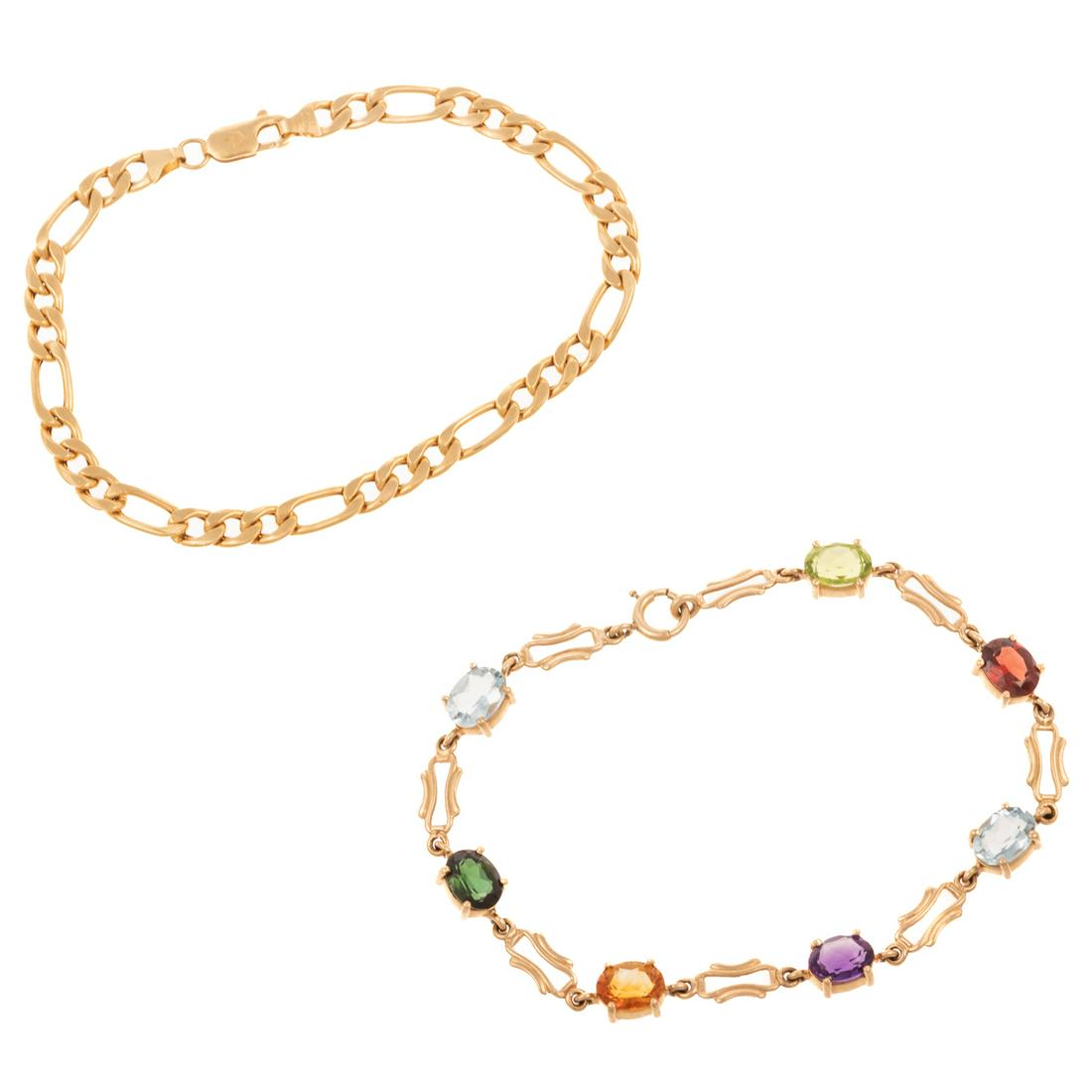 Two Gold & Gemstone Link Bracelets in 14K: 1) 14K yellow gold link multi-gemstone bracelet, featuring oval cut peridot, garnet, amethyst, citrine and more, alternating with openwork oblong links, 7.75 in L, and 2) 14K yellow gold Italian figar
