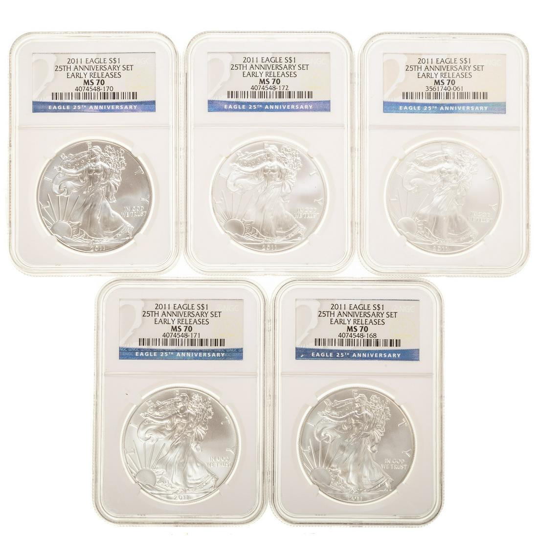 Five 2011 25th Anniversary Silver Eagles NGC MS70 (1 of 4)