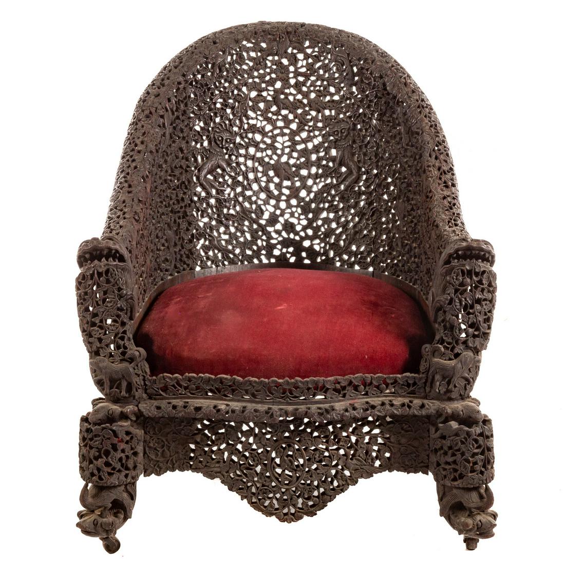 Burmese Elaborately Carved Hardwood Gondola Chair (1 of 9)