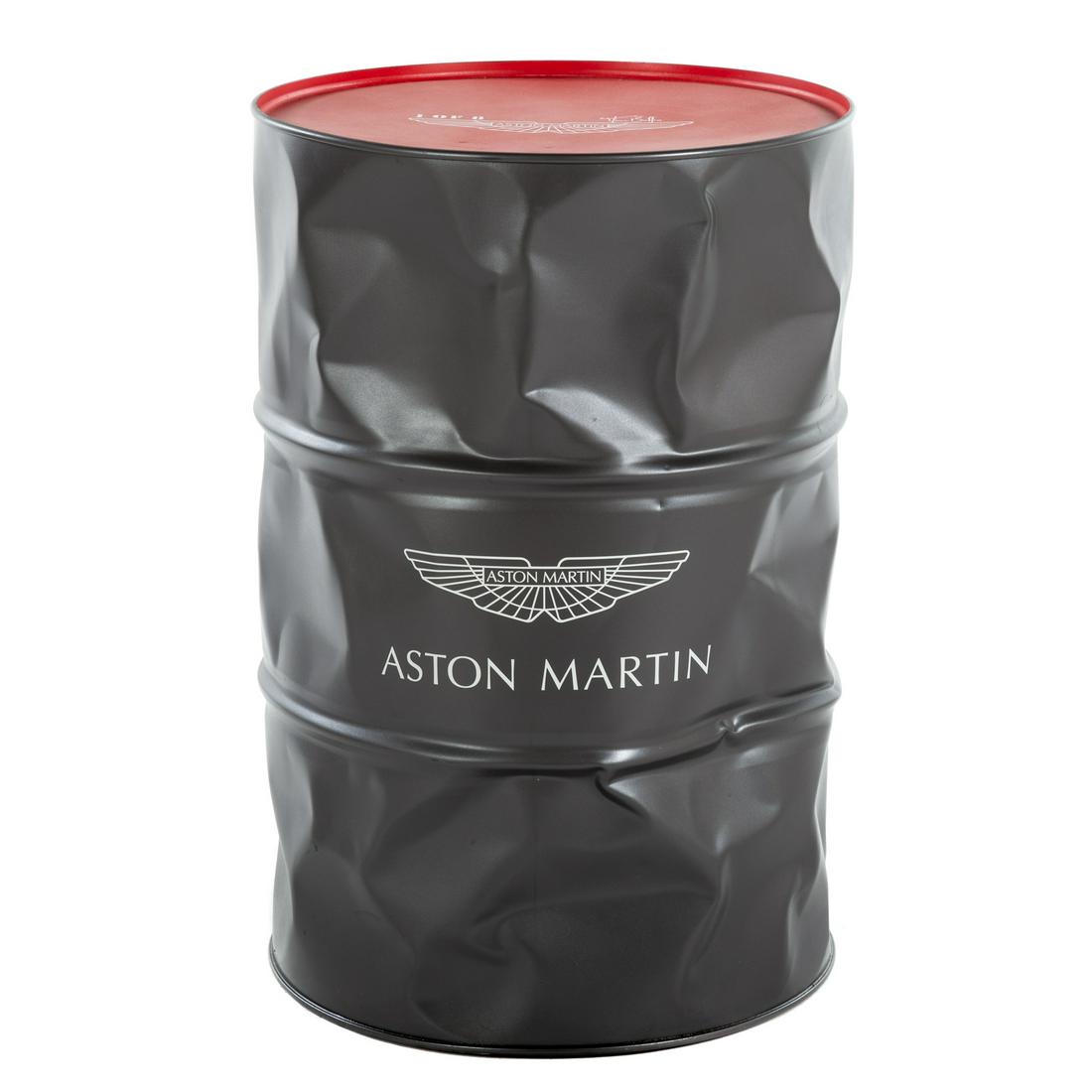 Marc Boffin. "Aston Martin Barrel," mixed media: (French, b. 1987). Acrylic, metal and paint, displaying the Aston Martin logo painted in white, 2019, ed. 1/8, signed "Marc Boffin" on top of barrel along with logo, 34 1/2 in. H., 22 3/4 in. Diameter