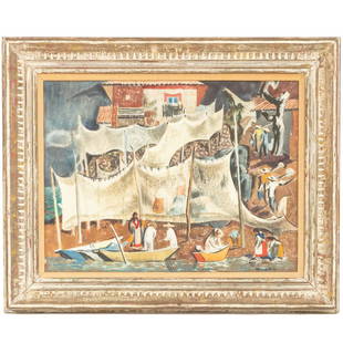 Millard Owen Sheets. "Fisherman's Return," watercolor: (American, 1907-1989). Watercolor on paper, signed "Millard Sheets" lr, sight size: 22 x 29 1/2 in., framed.