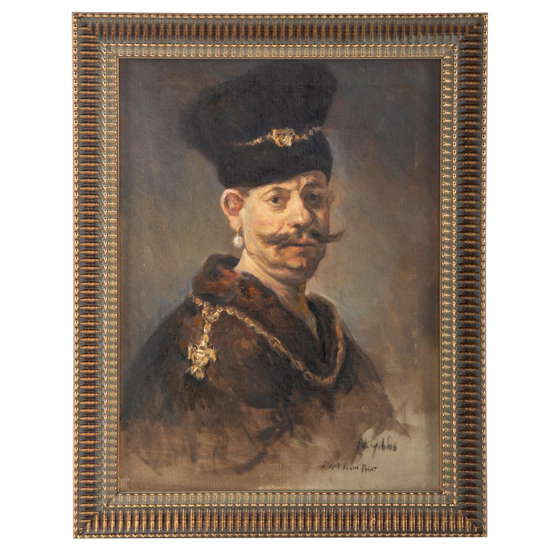 Nathaniel Gibbs. Polish Nobleman, after Rembrandt, oil: (American, 1948-2018). Oil on canvas, signed "N.K. Gibbs" lr, 24 x 18 in., framed.