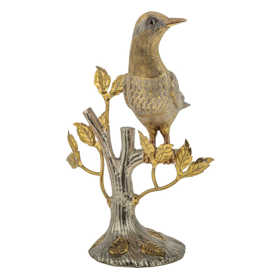 Tane Gilt Sterling Figure of a Bird: Late 1960s-early 1970s, Mexico City. Modeled as a bird in a leafy tree, with ruby glass eyes, 8 7/8 in. H, 33.3 ozt. From the Estate of a landowner in The Plains, VA.