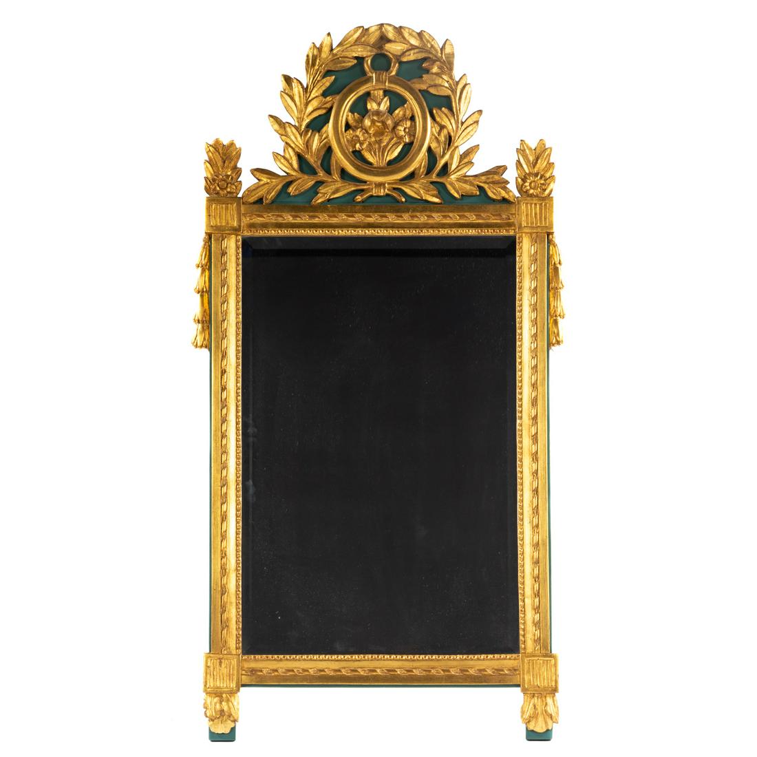 Carver's Gild Louis XVI Style Mirror: Gilded and painted wood frame with beveled mirrored glass, 49 in. H., 26 in. W.