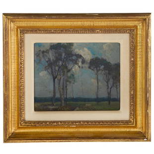 Manner of John Henry Twachtman. Trees, oil: (American, 1853-1902). Oil on board, signed "JH Twachtman" ll, 8 1./2 x 10 1/2 in., framed. From the Estate of John Patrick McGinnis, New York, NY.