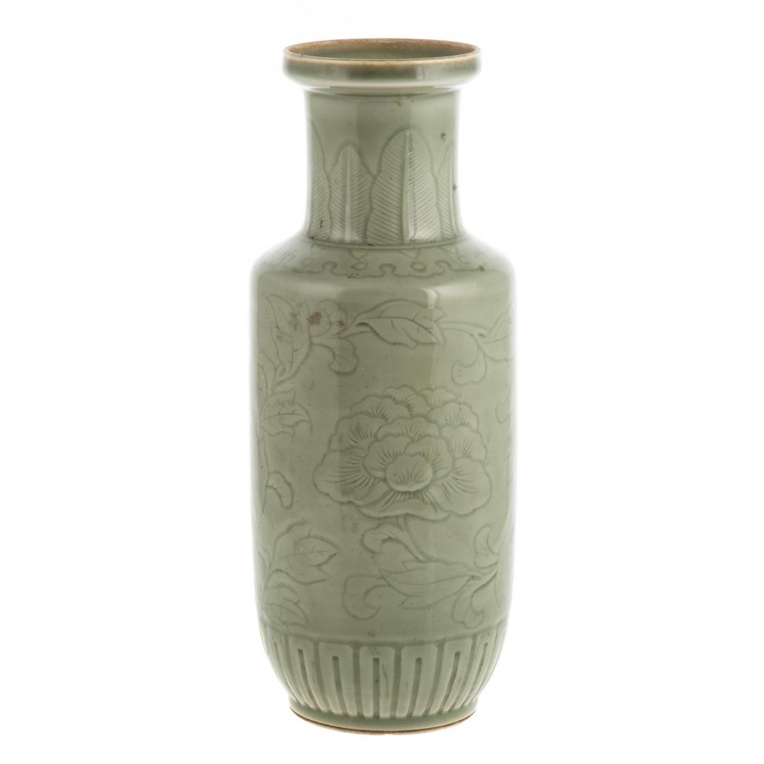 Chinese Celadon Porcelain Vase: Possibly Ming; sgraffito floral and bok choy decoration.11 1/2 in. H.
