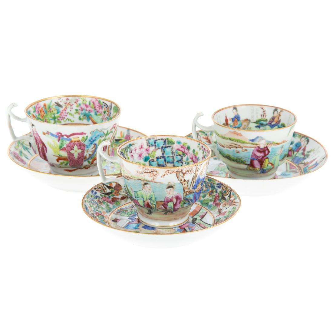 Three Chinese Export Rose Mandarin Cups/Saucers (1 of 8)
