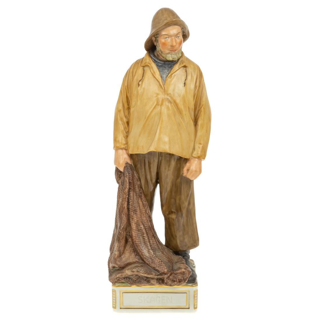 Royal Copenhagen Skargen (Fisherman): #12214, standing fisherman in rain gear holding net, impressed on base SKARGEN, other three sides with chain and floral relief decoration,by Carl Martin - Hansen. 13 in. H. For further reading see "Ro