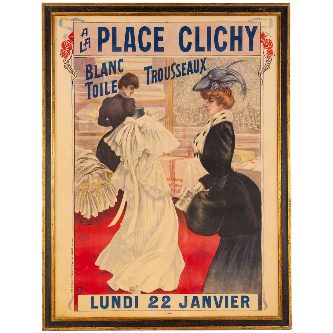 Charles Tichon. "A la Place Clichy, Blanc Toile Trousseaux," lithograph: (French, late 19th /early 20th century). Vintage lithographic advertising poster, circa 1900, F. Daubenbis & Co., Paris, publisher, sight size: 62 x 45 3/4 in., framed.