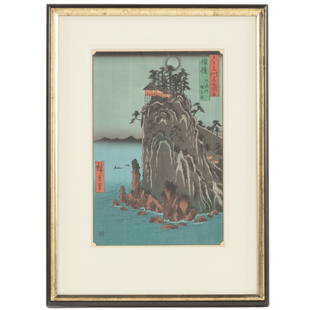 Ando Hiroshige. "Bingo Province: Abuto, Kannon Temple (Bingo, Abuto, Kannondo)," color woodblock: (Japanese, 1797-1858). Color woodblock print, from the series Famous Places in the Sixty-odd Provinces, 1853, signed in cartouche ll, sight size: 13 3/4 x 9 1/4 in., framed.