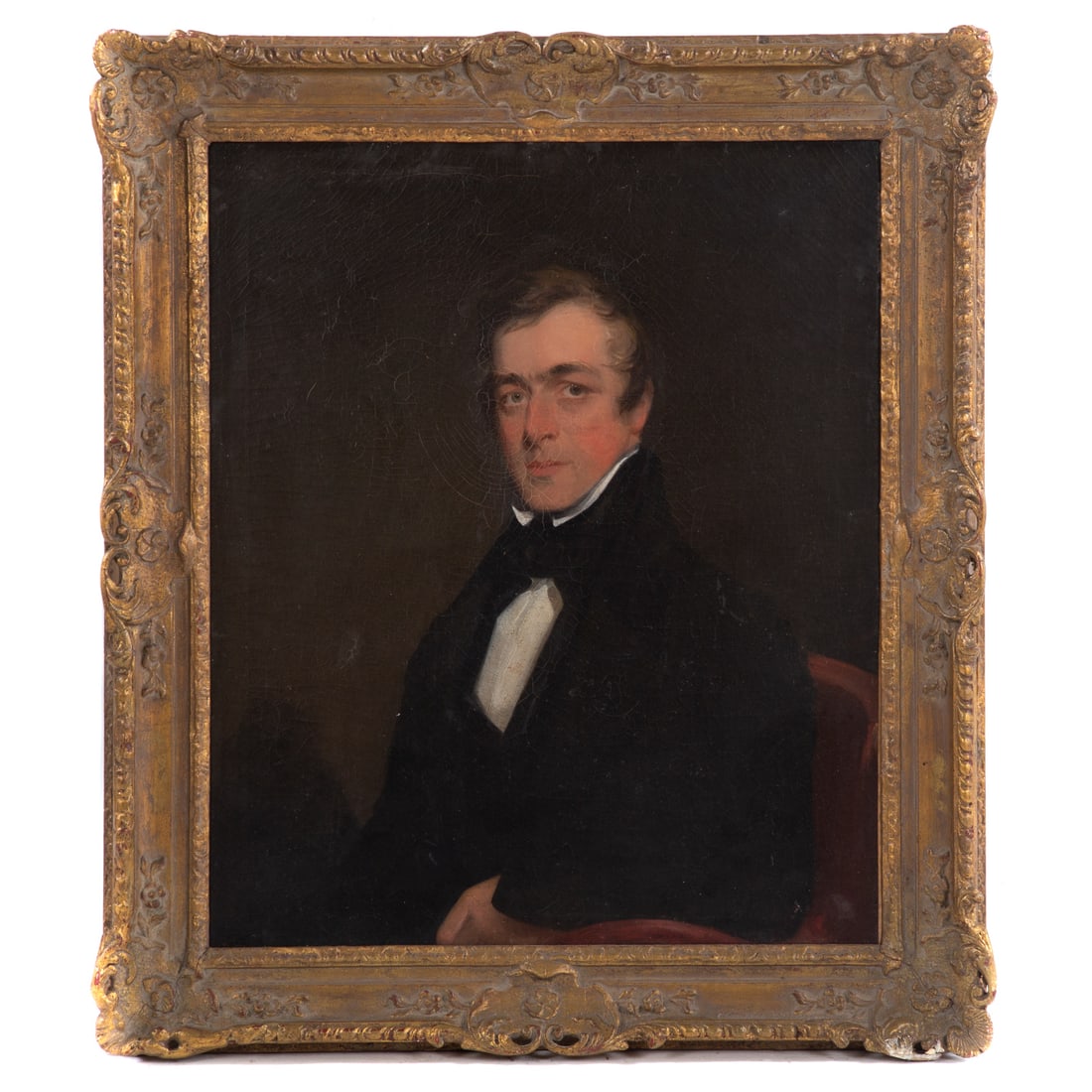 Manner of Thomas Sully. Portrait of a Gentleman, oil: (Late 18th/early 19th century). Oil on canvas, signed "T. Sully" ll (at edge of frame) sight size: 29 x 24 in., framed size: 37 x 32 in., in a carved gilt wood frame, likely period. Private collection