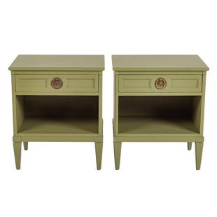 A Pair of Henredon Contemporary Painted Side Tables: Mid-20th century; each with single drawer, on square tapered legs, marked Henredon inside drawers, 25 in. H., 22 in. W., 18 in. D.