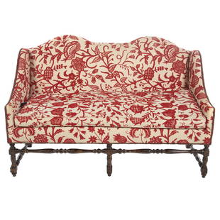 Lewis Mittman Crewel Upholstered Contemporary Sofa: 20th century; crewel upholstery with brass nail trim on carved wood frame with velvet sides and back, 40 in. H., 60 in. W., 25 in. D.