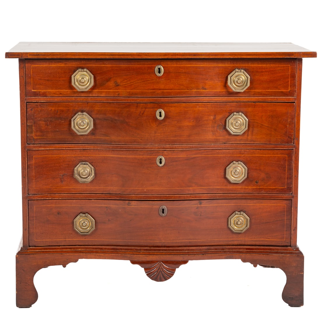 Federal Mahogany Inlaid Serpentine Chest: Connecticut, circa 1790-1800; four graduated drawers, on bracket feet, 32 in. H., 38 in. W., 21 in. D.