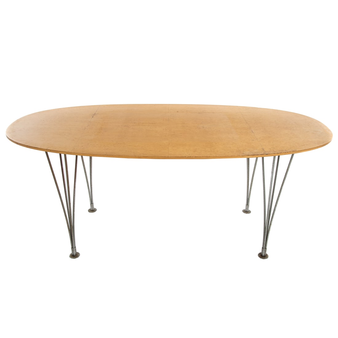 Bruno Mathsson & Piet Hein Superellipse Table: Mid-20th century; oval burl maple top on brushed aluminum hairpin legs, makers tag underneath, 27 in. H., 67 in. L., 33 1/2 in. W. From the Philip and Lois Macht Estates, Baltimore, MD.