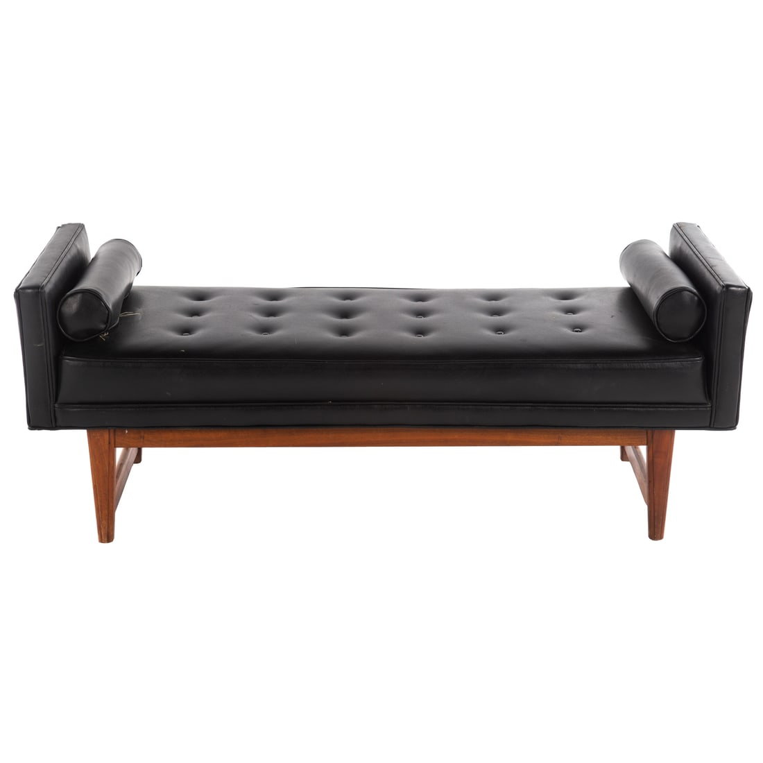 Lawrence Peabody for Selig, Tufted Window Bench: 20th century; tufted vinyl covered bench, having to cylinder shaped accents pillows, on teak wood frame. Unmarked, 21 in. H., 53 in. W., 20 in. D.