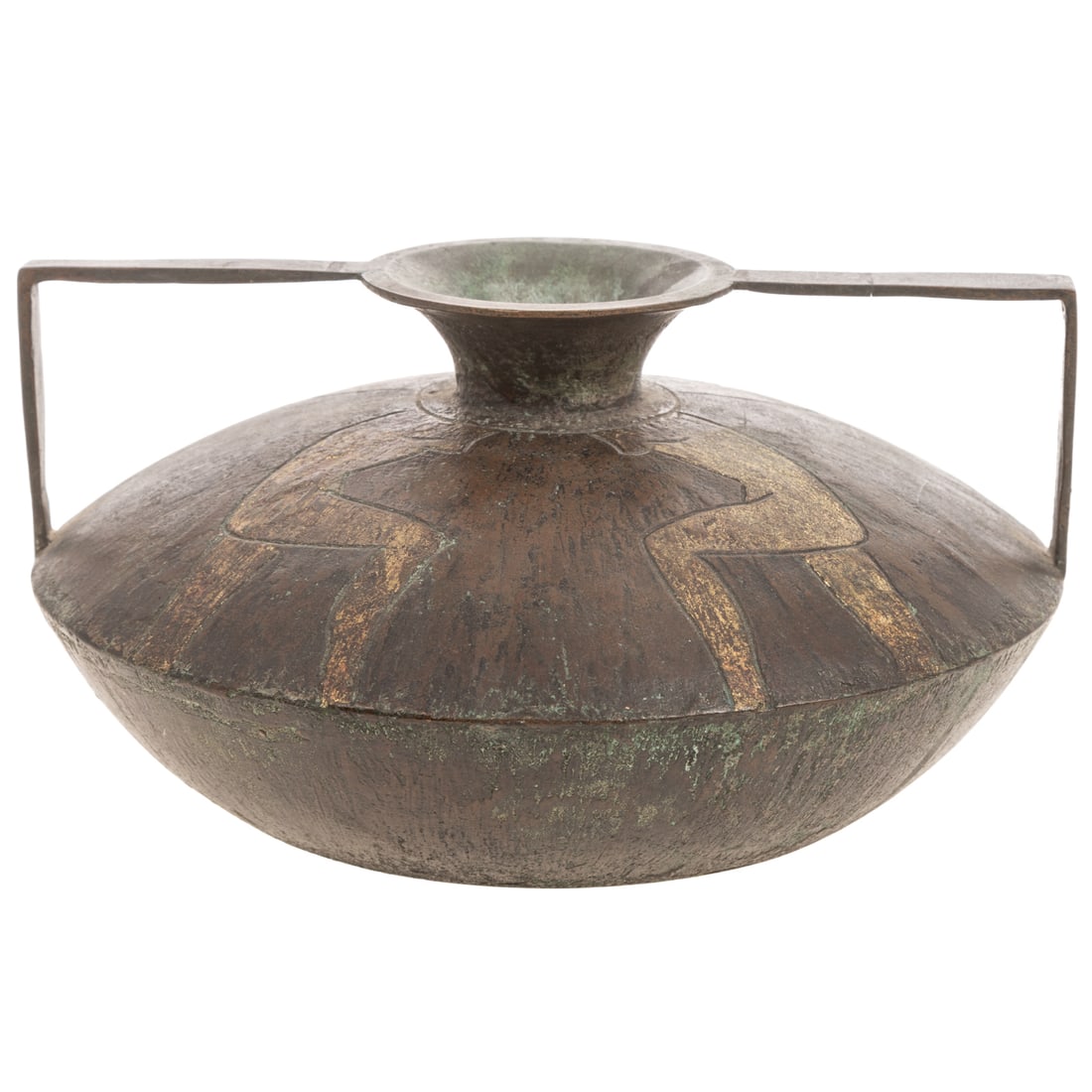 Modern Archaic Greek Manner Bronze Vase: 20th century; squat double handle vase, with incised decoration of four human bodies, signed "CHARD," 4 in. H., 7 1/2 in. Diam.