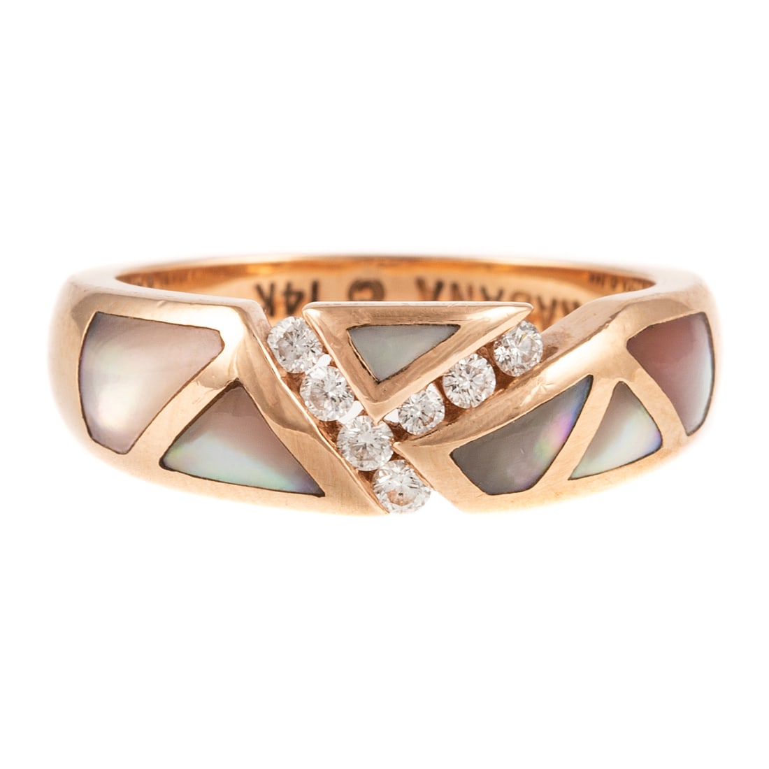 A Kabana Diamond & MOP Inlaid Band in 14K: 14K rose gold band by Kabana, designed with custom cut MOP with diamonds channel set in center, inside shank signed, sz 6, 5.1 grams Private collection, Marco Island, FL.