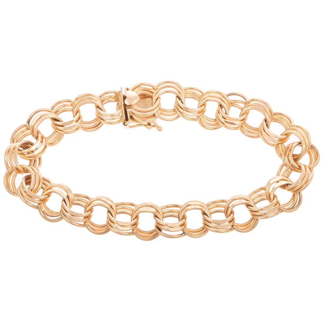 A Triple Link Charm Bracelet in 14K: 14K yellow gold triple link charm bracelet with box clasp and safety latch, 7 1/2 in. L, 24.8 grams