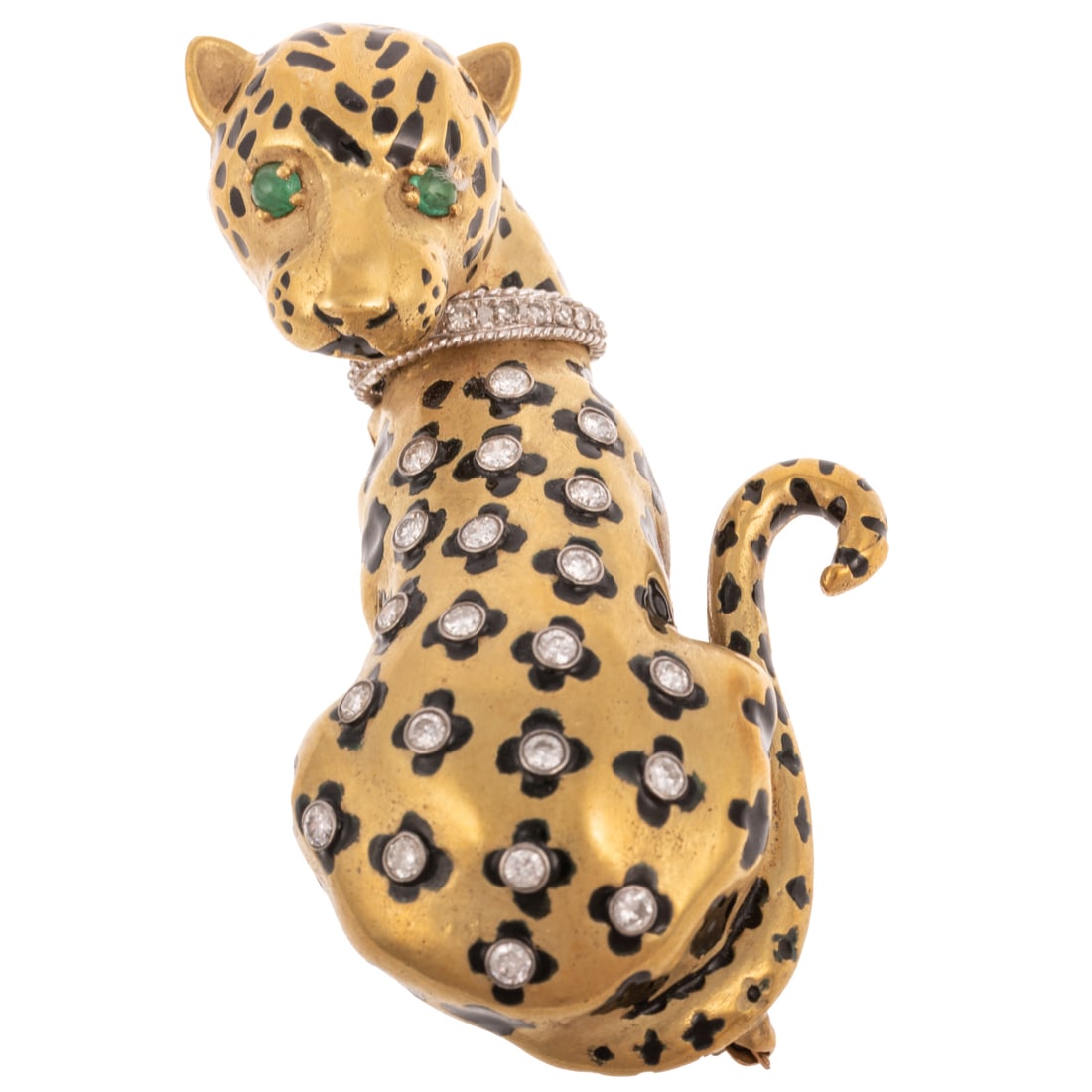 A Diamond & Enamel Cheetah Brooch in 18K: 18K yellow gold and black enamel seated cheetah brooch featuring well matched round diamonds weighing approx. 2.25 ctw with an average color grade G-H of and an average clarity grade of VS and emerald