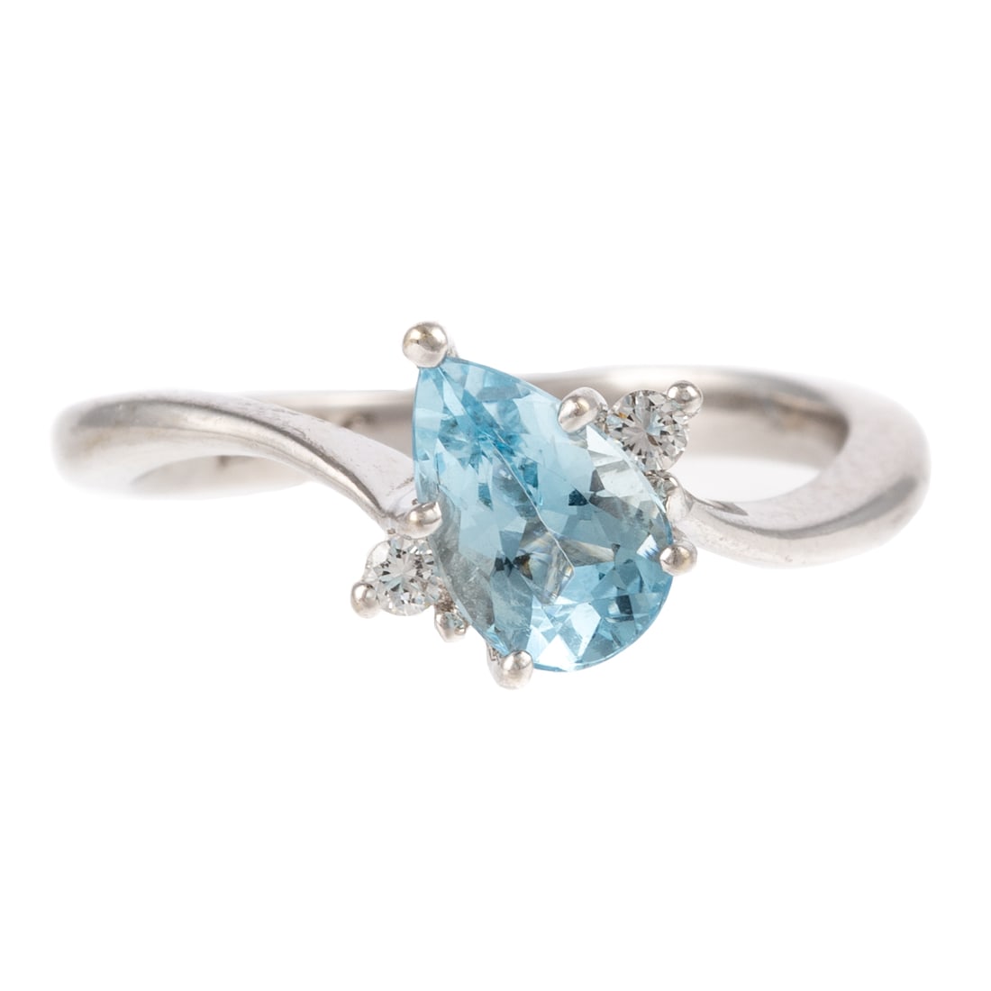 An Aquamarine & Diamond Ring in 14K: 14K white gold ring featuring a pear shaped aquamarine with two round diamonds on either side, curved high polish shank, sz 6, 3.0 grams