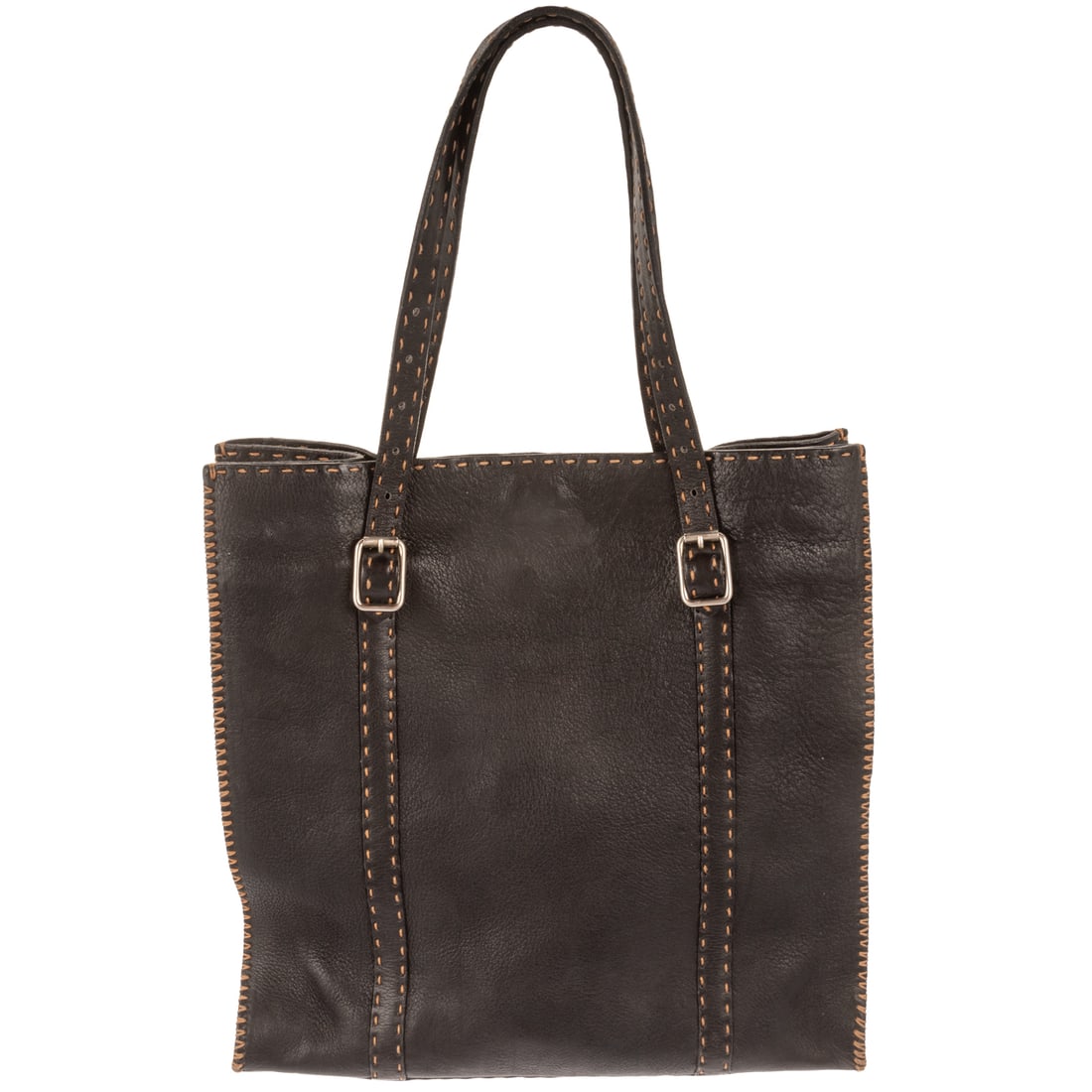 A Vintage FENDI Celeria Stitch Tote: A dark brown leather Vintage FENDI Celeria Stitch Tote with silver tone hardware and dual flat leather handles. Suede leather lining, interior zipper pocket, and snap closure at top. Measuring: 11.25 