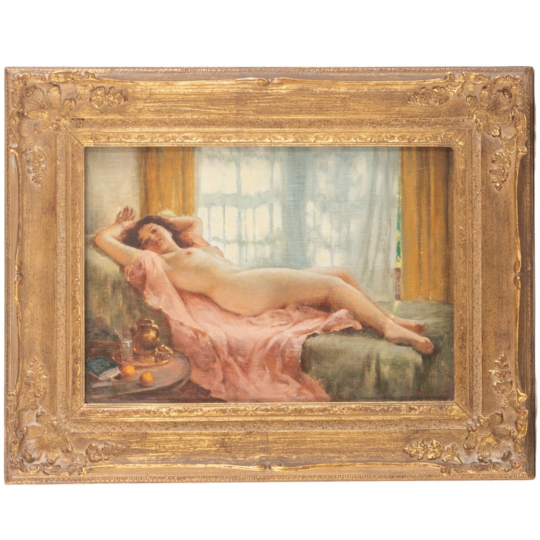 Joseph Tomanek. Reclining Beauty, oil: (American, 1889-1974). Oil on canvas board, signed "J. Tomanek" lr, sight size: 9 3/4 x 13 3/4 in, framed size: 15 1/2 x 19 1/4 x 2 inches. Partial label on verso.