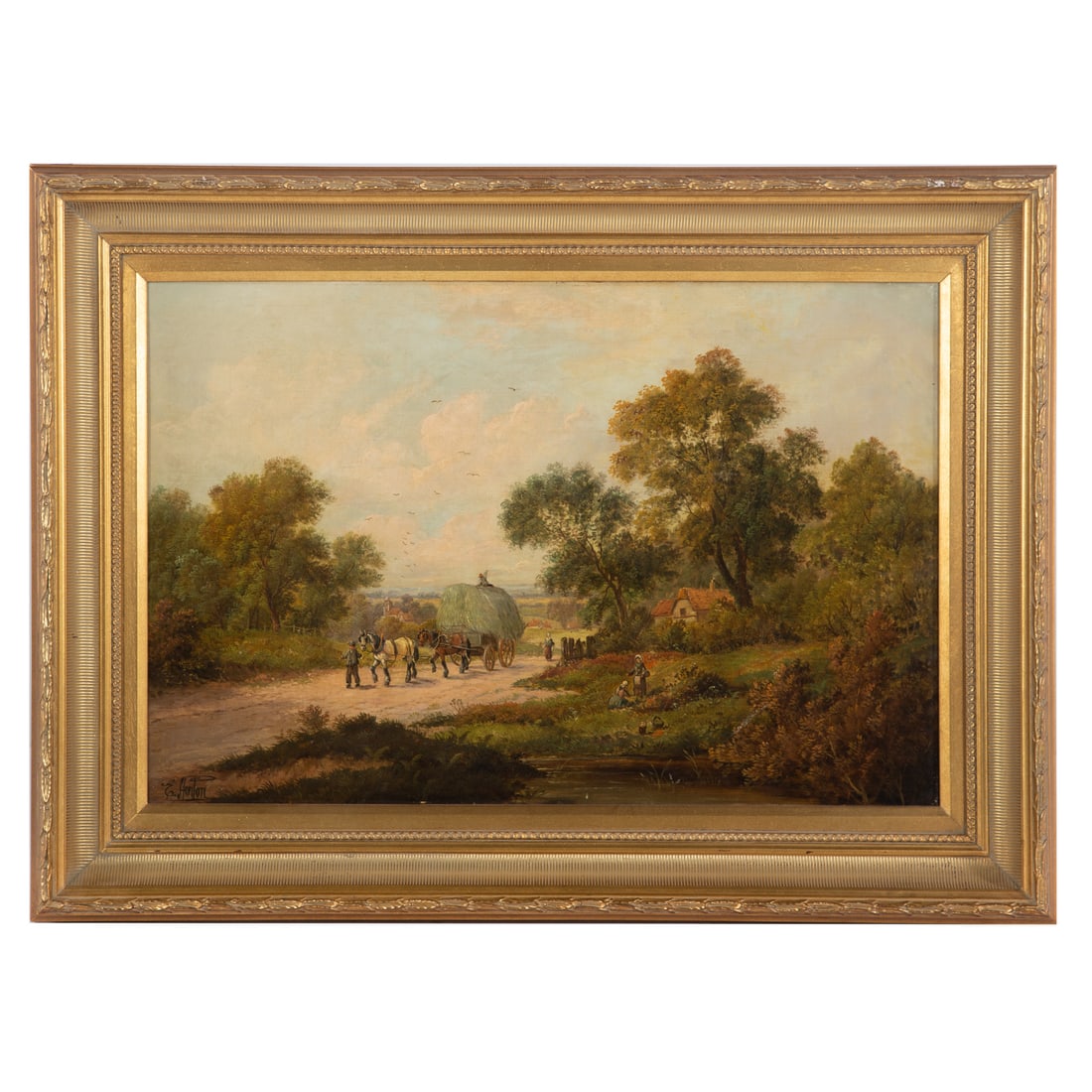 Etty Horton. The Haywain, oil: (British, act. 1884-1918). Oil on canvas, signed "Etty Horton" ll, sight size: 20 x 30 in., framed size: 28 x 38 x 2 3/4 inches.