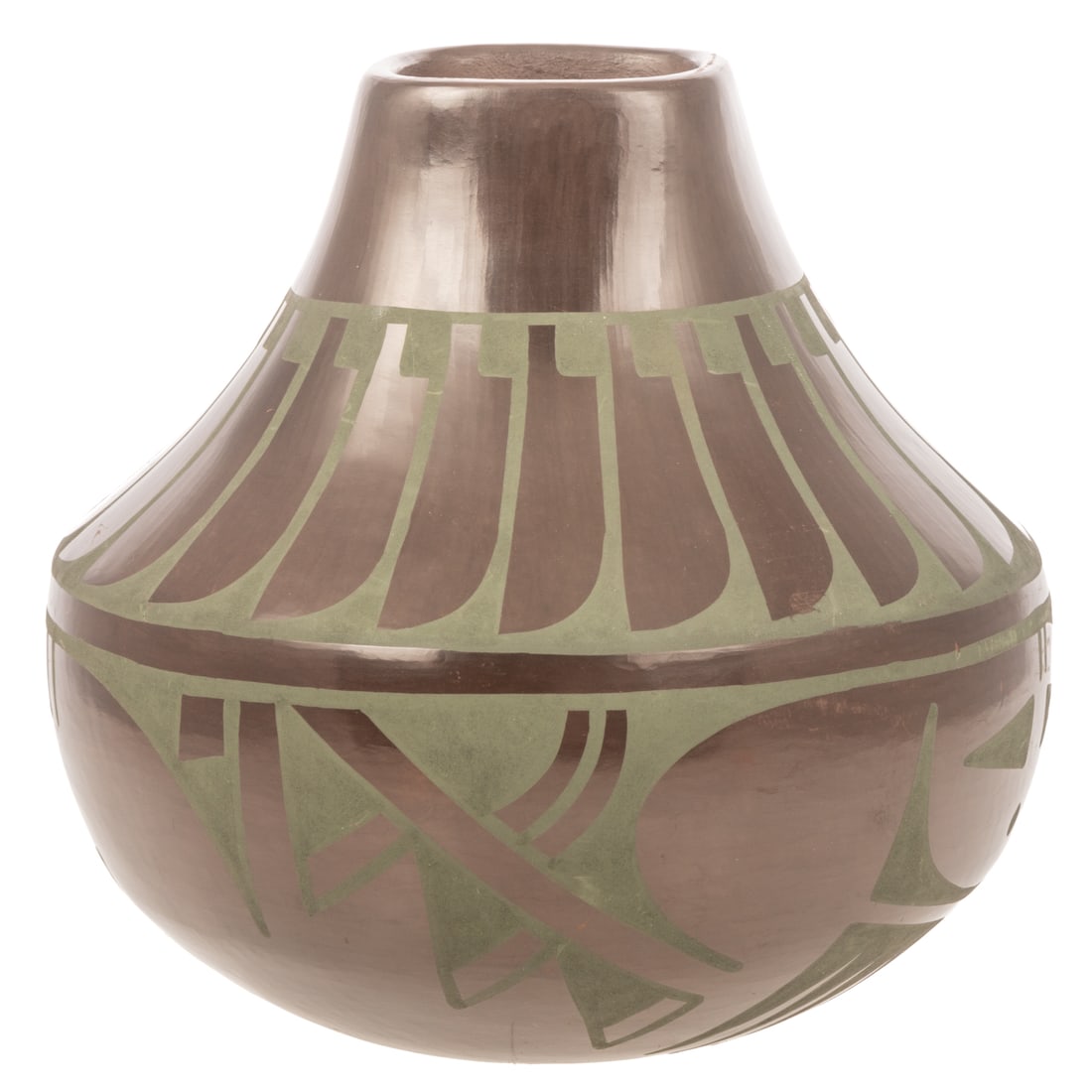 San Ildefonso Brown & Green Pot, Martha Appleleaf: Brown glazed pot with green feather decoration, signed "Martha Appleleaf, with apple," 8 in. H.