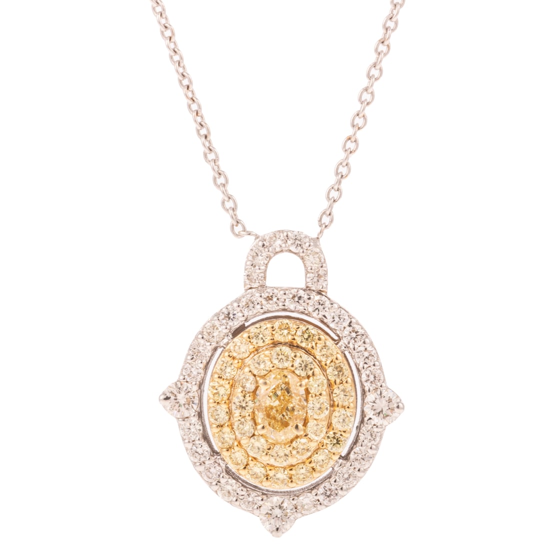 A Yellow Diamond Pendant Necklace in 18K: 18K white gold pendant necklace featuring an oval shaped yellow diamond, prong set in the center weighing approx. 0.22 ct, with two concentric halos of round yellow diamonds and an additional halo of 