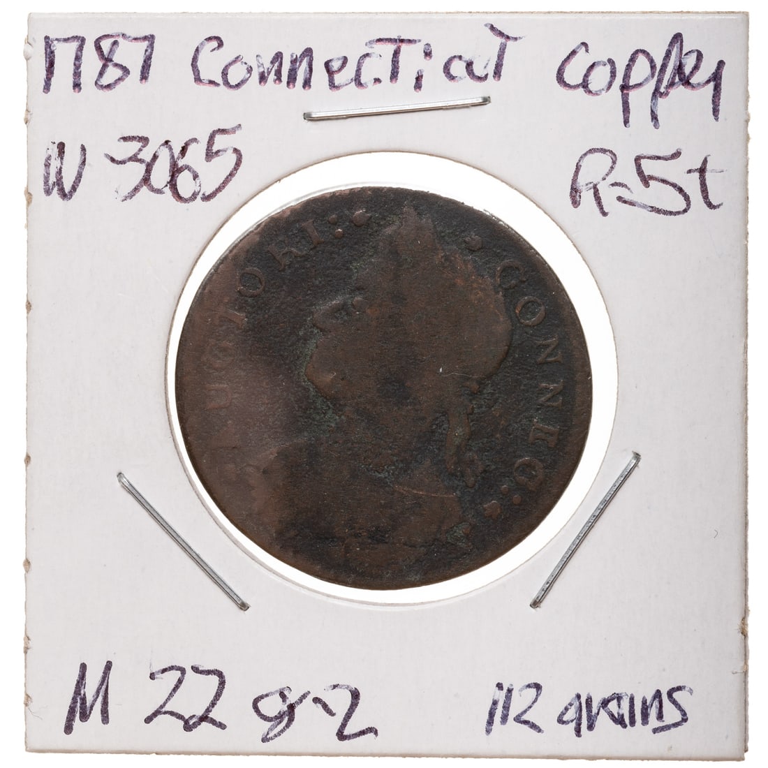 1787 Connecticut Copper Miller 22-g.2 R-5+ AG: W-3065, "CONNEC" on obverse with dot/star/cinqfoil pattern that matches Miller 22-g.2 This used to be a R-6 but now an R-5+ Dark brown in color with a uniform granularity but no damage other than wear
