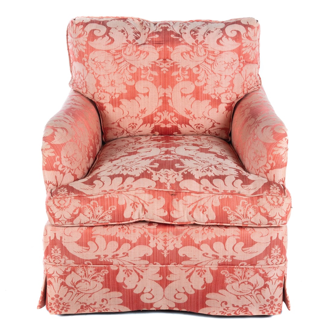 Custom Upholstered Chair: 20th century; Damask style upholstery, 31 in. H., 29 in. W., 36 in. D.